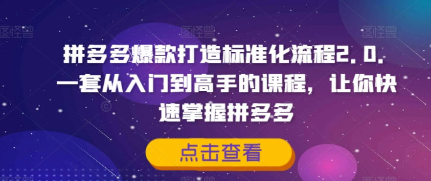 拼多多爆款打造标准化流程2.0，一套从入门到高手的课程，让你快速掌握拼多多