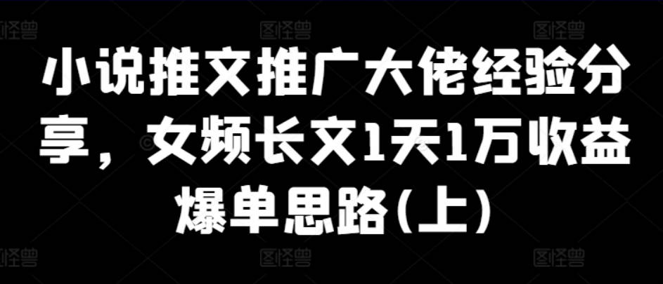 小说推文推广大佬经验分享，女频长文1天1万收益爆单思路(上)