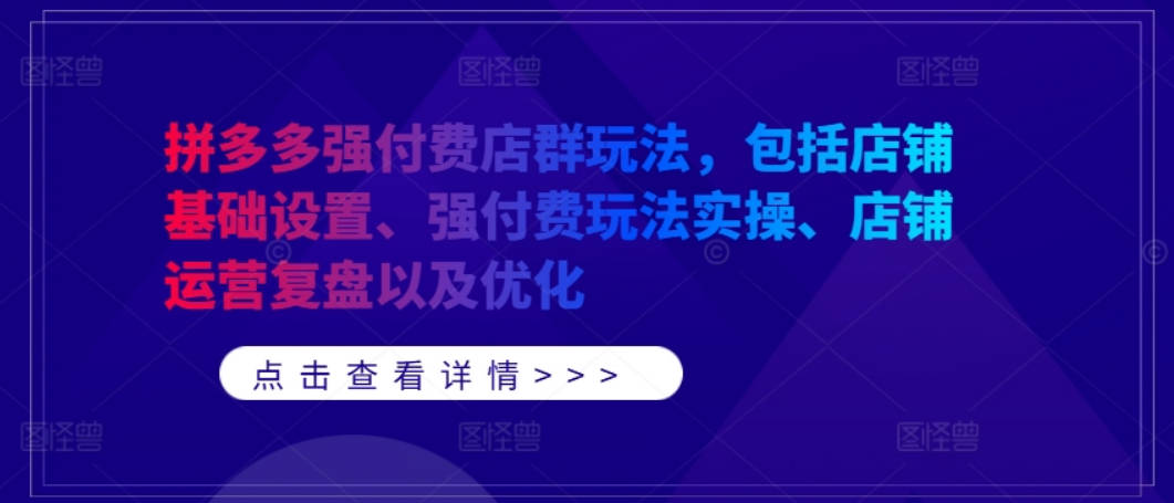 拼多多强付费店群玩法，包括店铺基础设置、强付费玩法实操、店铺运营复盘以及优化