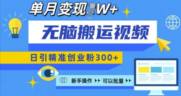 无脑搬运视频号可批量复制，新手即可操作，日引精准创业粉300+，月变现过W